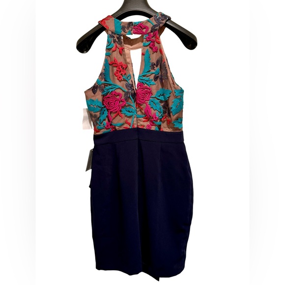Harlyn Nordstrom NWT Sz S Navy Pink Embroidered Halter Cocktail Dress (0612) - Picture 9 of 16